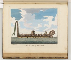 Een oorlogskano van Nieuw-Zeeland, illustratie uit Een reisverslag naar de Zuidzeeën: in Zijne Majesteits schip, de Endeavour, 1794 door Sydney